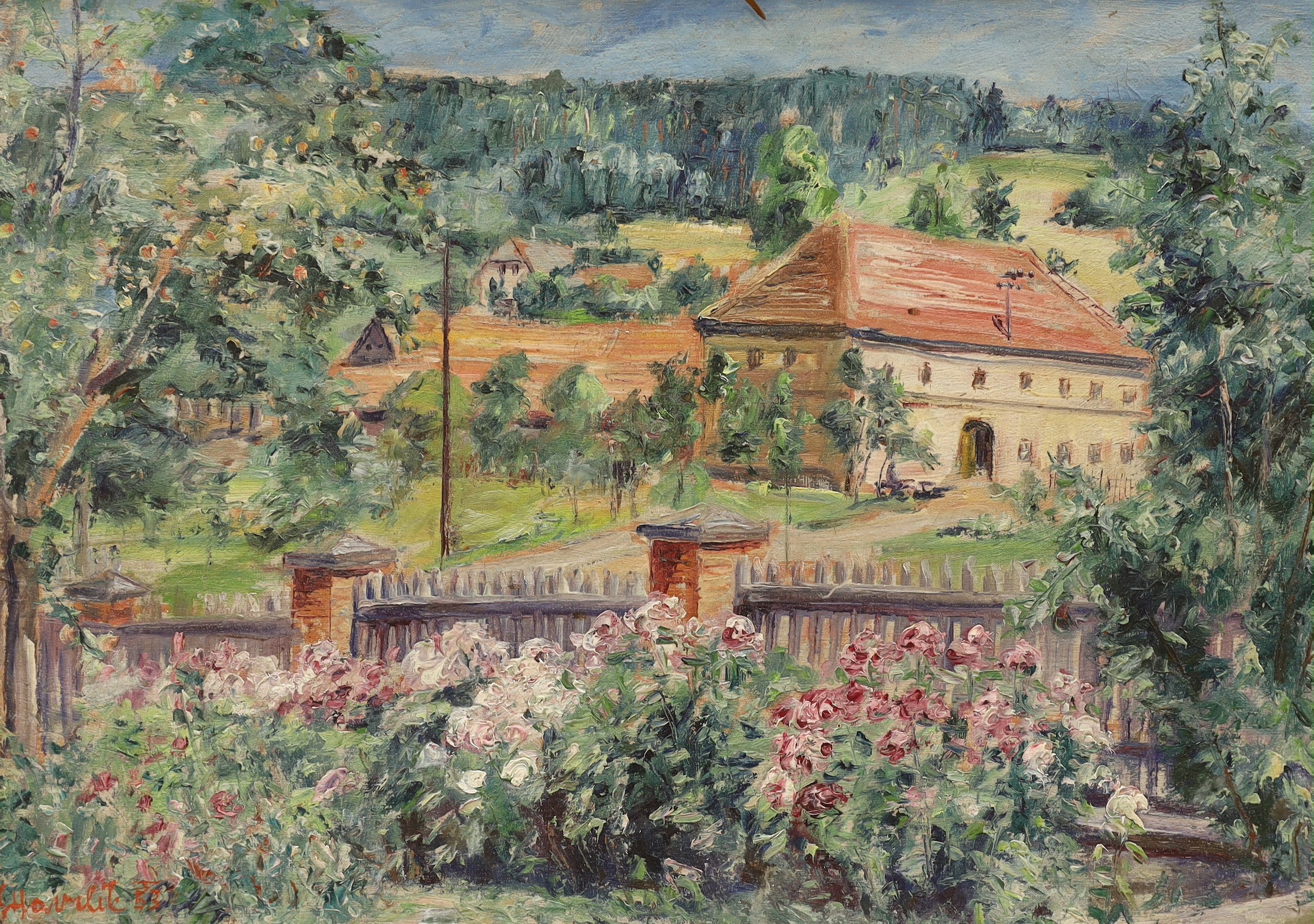 Svatopluk Havrlik (b.1908), oil on canvas, Mediterranean country house and garden, signed and dated '53, 43 x 61cm